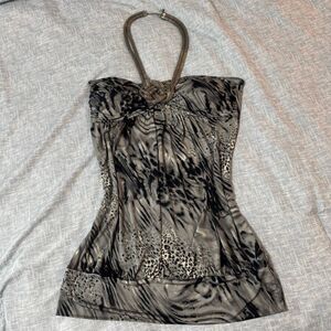 Rue 21 Animal Multi-Print Stretch Metal Chain Halter Top L